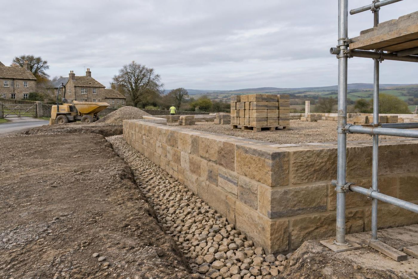 A small building site in North West England: a new house plinth in squared buff sandstone, a trench of clean drainage stone along it, scaffold at the frame edge.