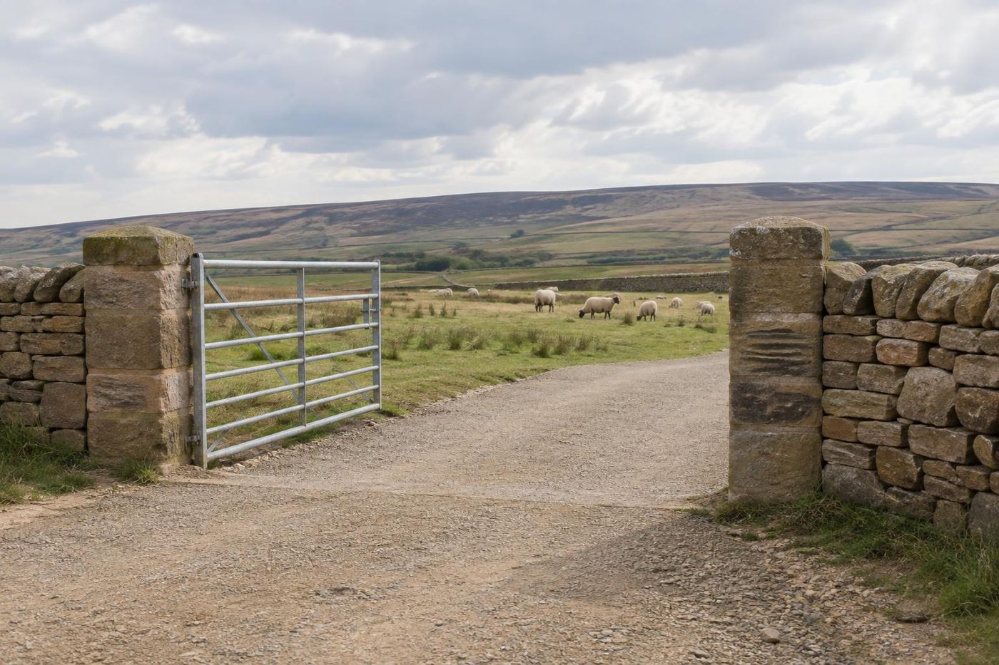 A farm gateway on a stone track with a firm crushed sandstone surface, a galvanised field gate open, sheep beyond, drystone walls either side.