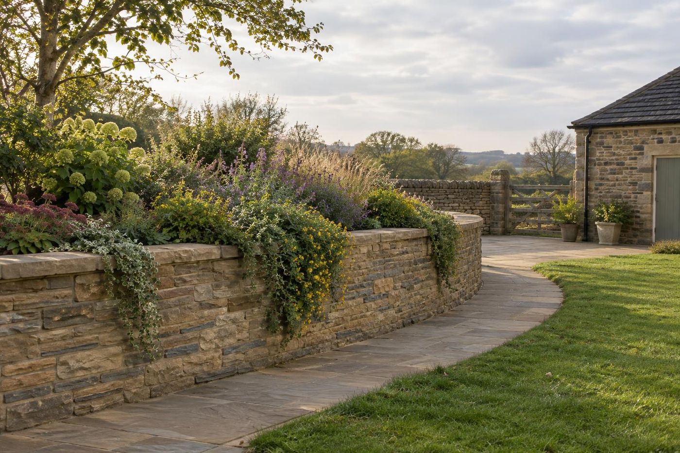 A landscaper's finished garden: a curved buff sandstone retaining wall with planting spilling over, a sandstone-flag path at its foot, late afternoon light.