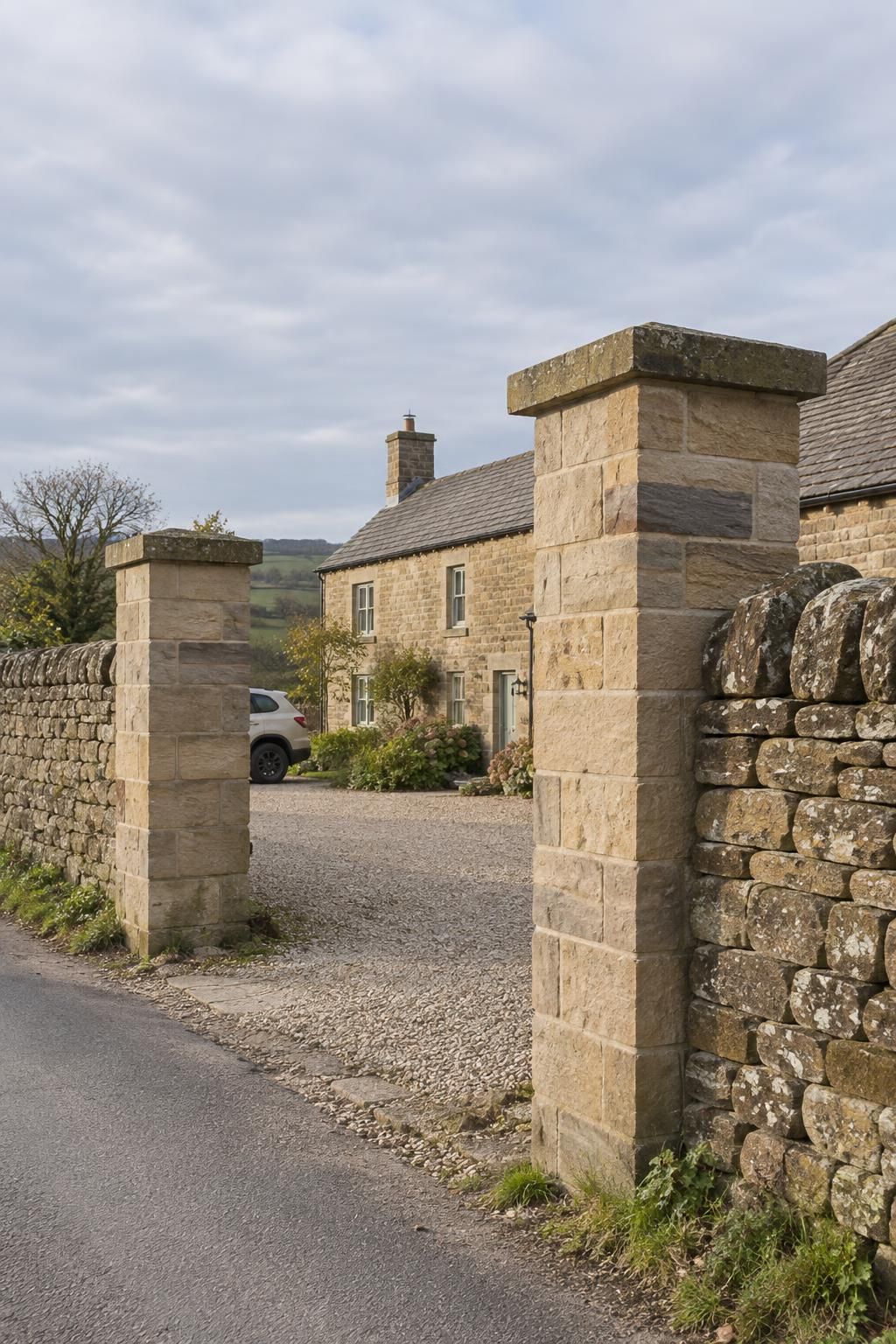 A pair of square buff sandstone gate piers with plain flat caps at a cottage entrance, weathered old wall beside them for comparison.