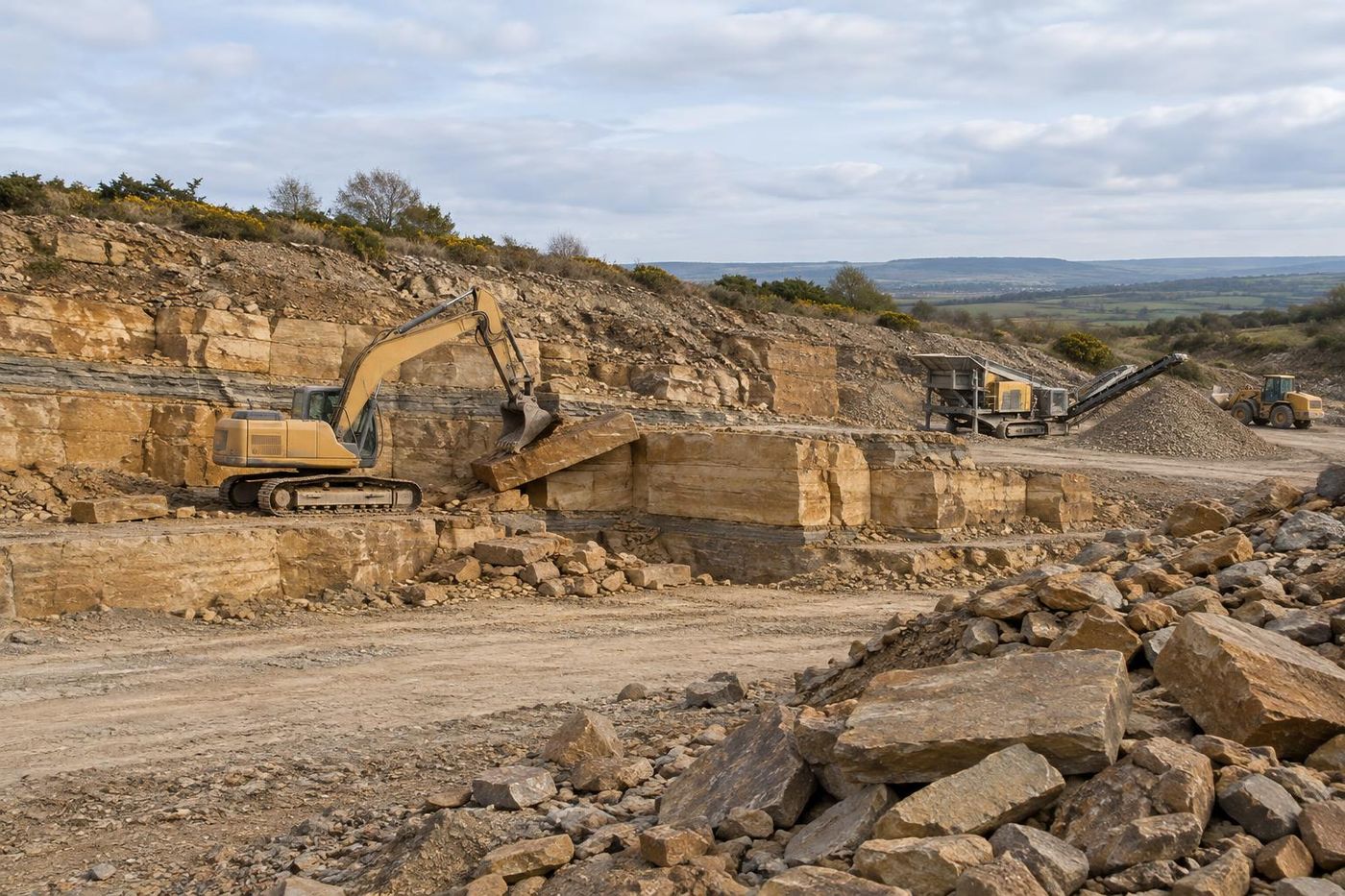 A small tracked excavator working a low bench of a buff sandstone face, bucket levering a bedded slab free, clean floor.