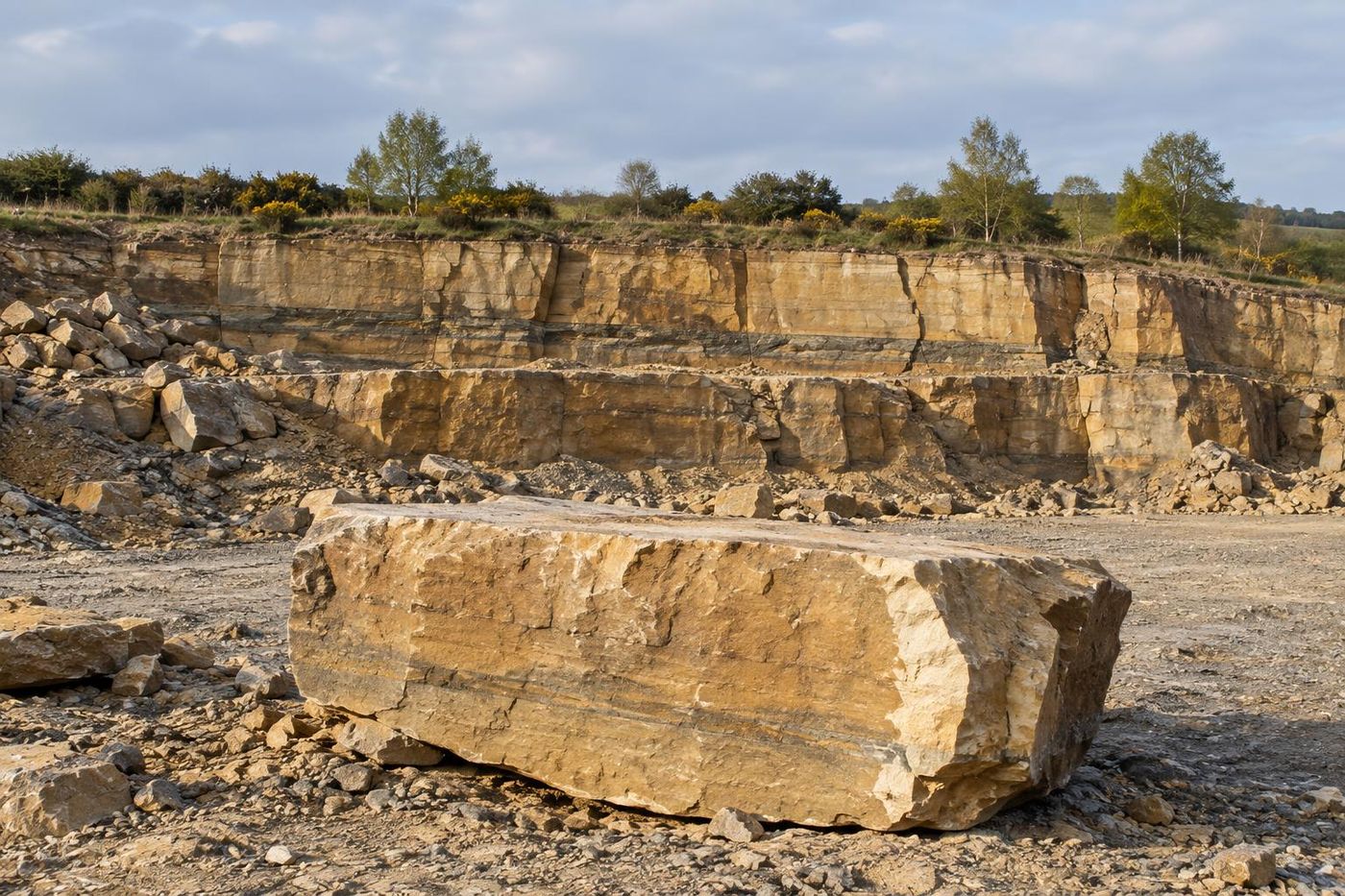 A single large sandstone block just freed from the face, lying on the quarry floor with the fresh pale scar on the face behind it, strong side light.
