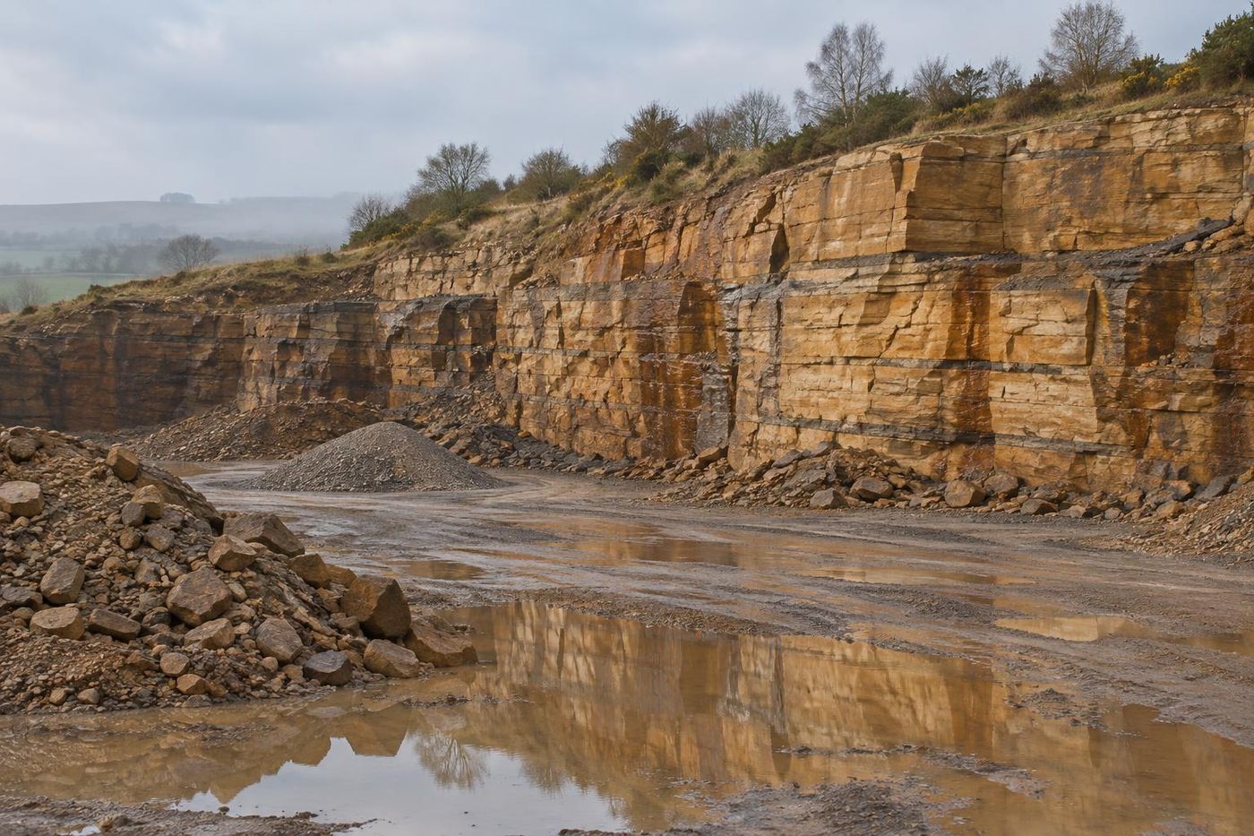 A sandstone quarry face after rain in early morning, the stone darkened to honey and rust where wet, puddles on the floor reflecting the face, mist in trees above.