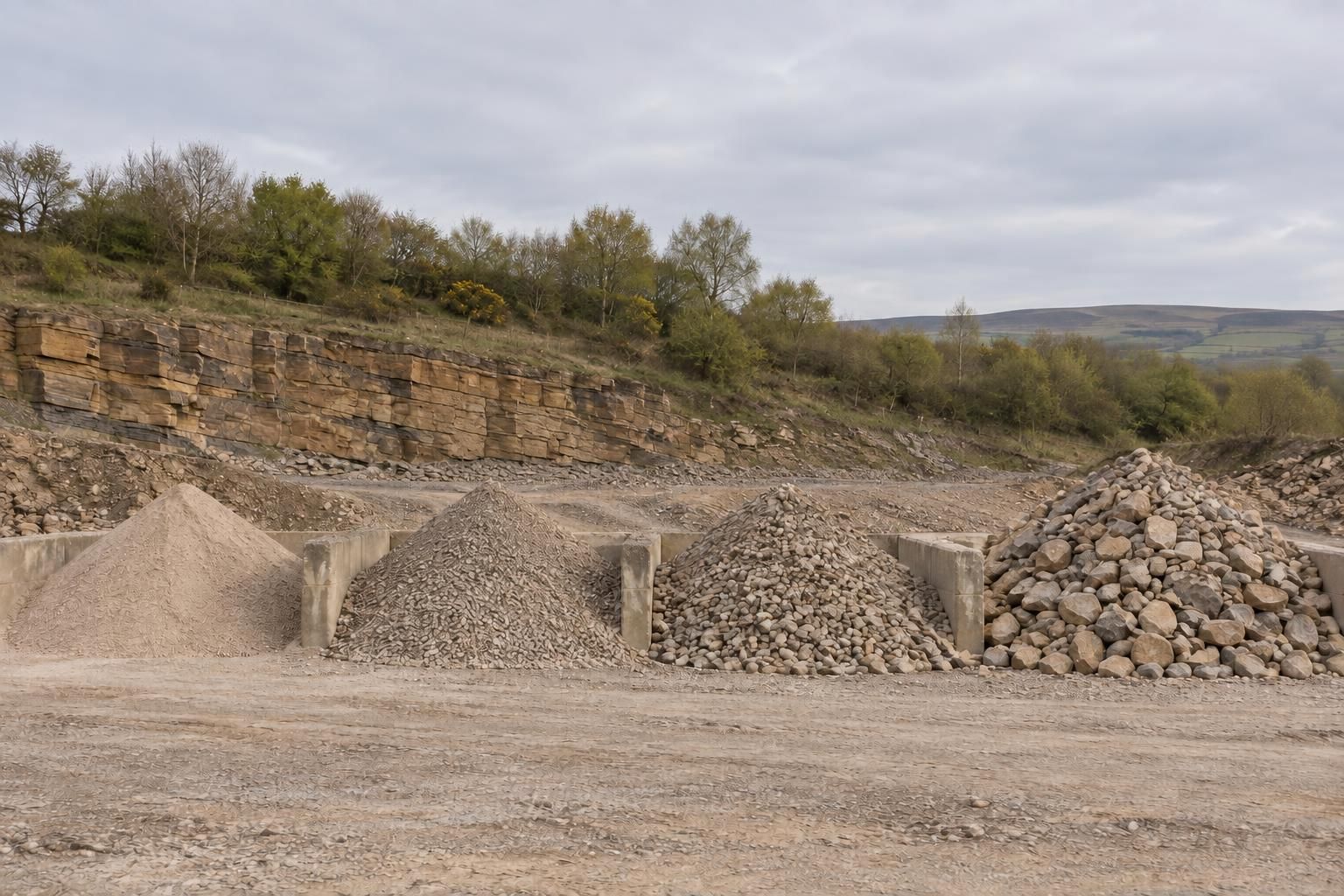 A row of stockpiles of crushed buff sandstone in graded sizes, from fine to coarse, separated by low concrete block walls on a clean quarry floor, a low sandstone face and wooded bank behind, overcast light.
