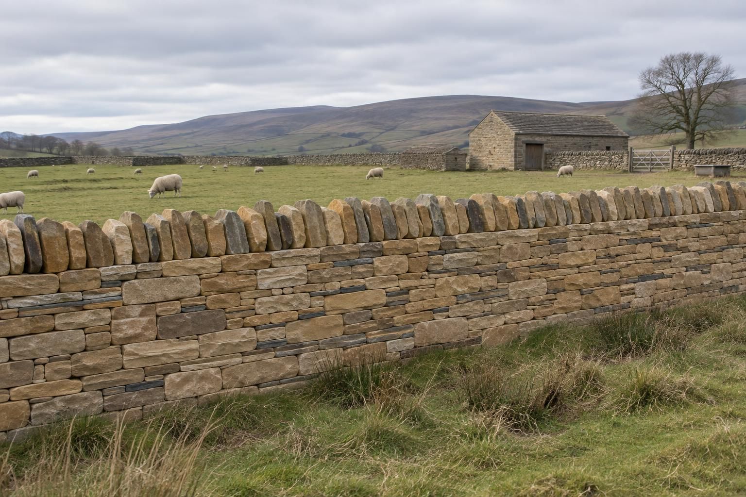A newly built double drystone wall of buff Lancashire sandstone running across rough upland pasture, flat bedded stones with natural faces, a row of upright copes along the top, soft side-light, sheep-grazed field and a grey sky over low fells.