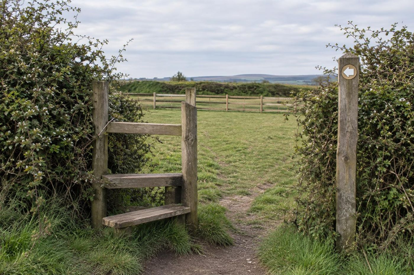 A wooden stile and plain waymarker post in a hedge, a public footpath across a field, a neat post-and-rail fence beyond separating the path from a working area.