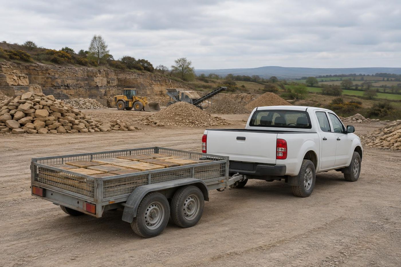 A small twin-axle plant trailer hitched to a plain pick-up, loaded with a neat layer of buff sandstone walling stone, parked on a clean quarry floor.