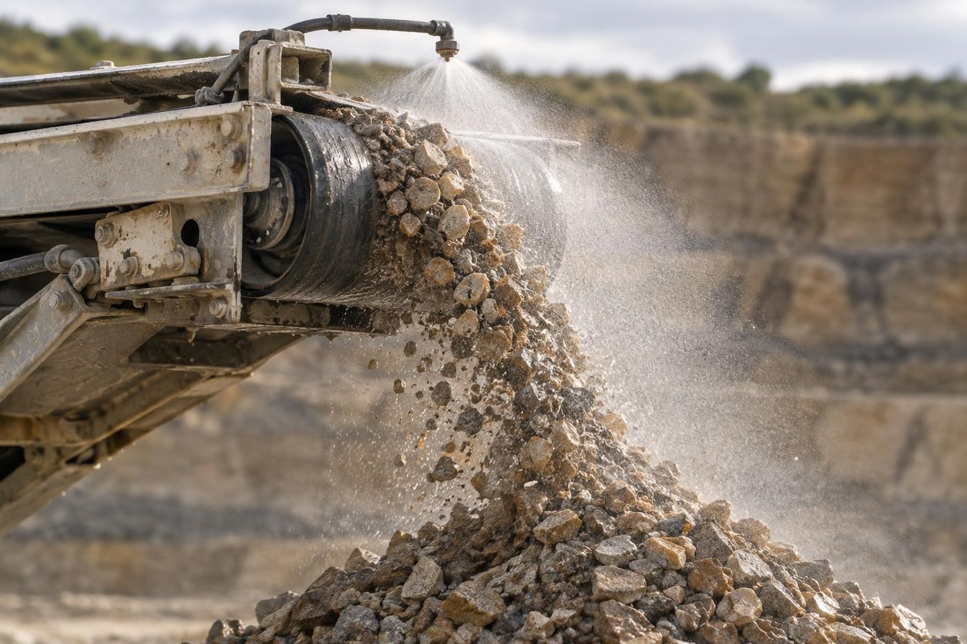 Fine water mist sprays over a crusher discharge conveyor on a sandstone quarry floor, droplets catching the light, dark damp stone below, calm and controlled.