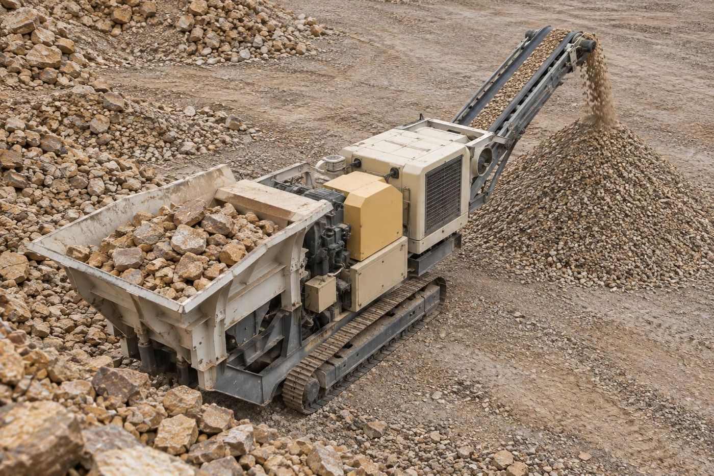 Elevated view looking down onto a plain off-white tracked jaw crusher, its hopper full of broken buff sandstone and its outlet conveyor dropping crushed stone onto a pile, overcast light.
