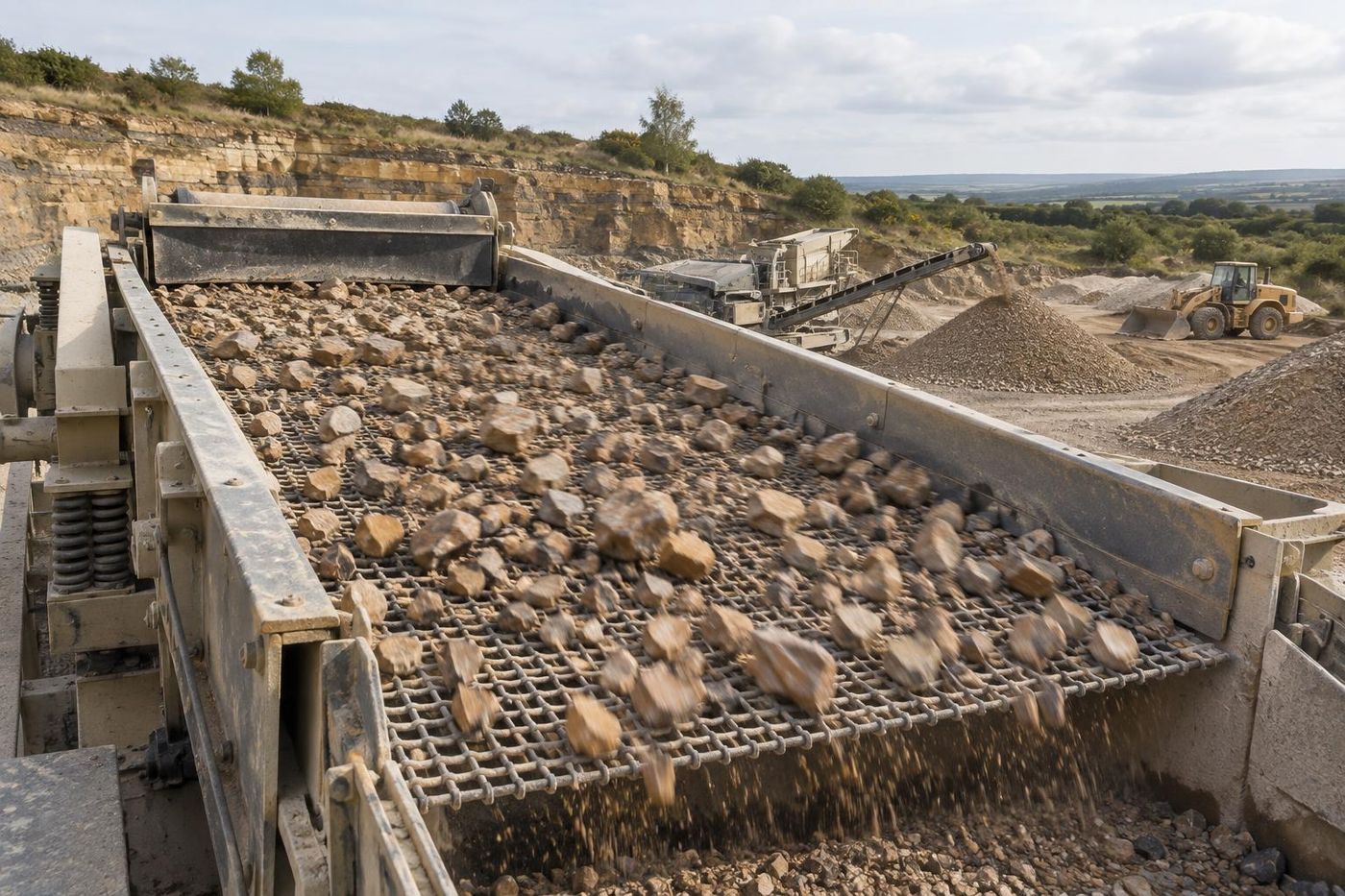 Close view into the vibrating screen deck of a mobile screener: crushed buff sandstone bouncing across steel mesh, smaller pieces dropping through, motion blur in the stone, raking light.