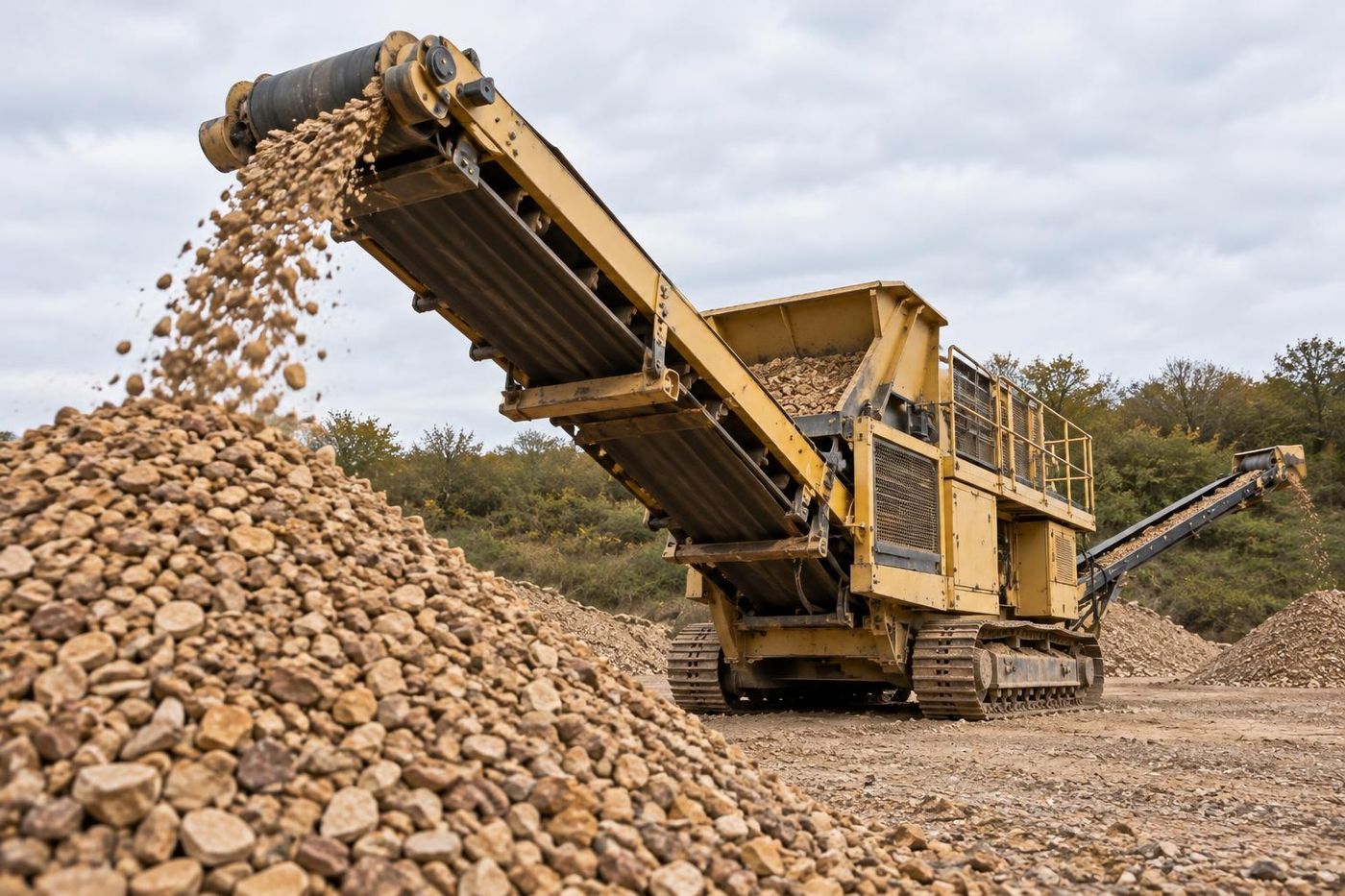 Low rear view along a compact tracked screener, one side conveyor rising diagonally and dropping sorted crushed sandstone onto a heap in the foreground, bright overcast sky and a wooded bank.