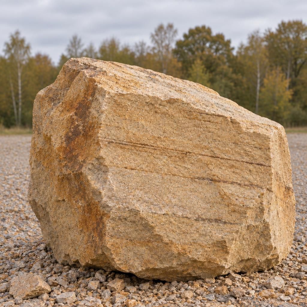One large buff sandstone feature boulder on a gravel yard, a strong weathered face with faint bedding, trees softly behind.