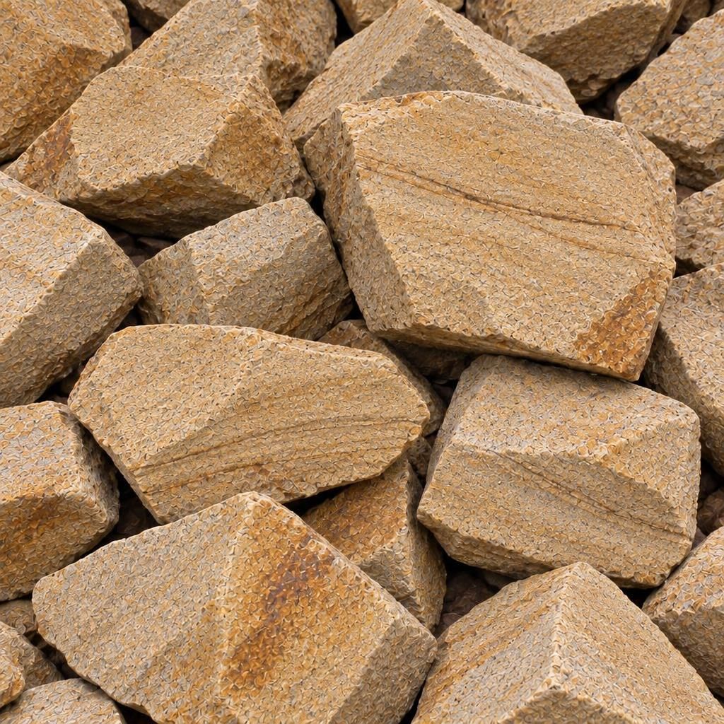 Close-up of clean fist-sized angular pieces of buff sandstone filling the frame, no fines.