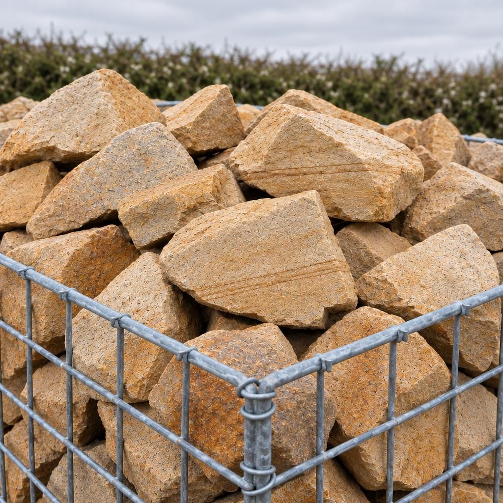 Large hand-sized angular buff sandstone pieces filling a galvanised mesh gabion basket, hawthorn hedge softly behind.