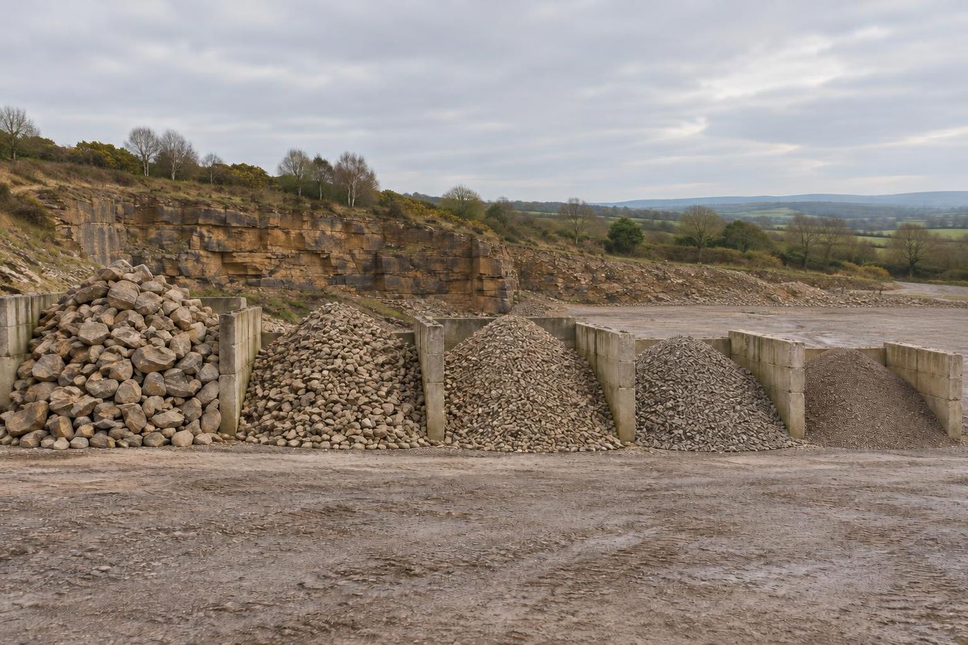 A straight row of crushed sandstone stockpiles in clearly different sizes between concrete block bay walls, seen from the end so they recede toward a low sandstone face, overcast light.
