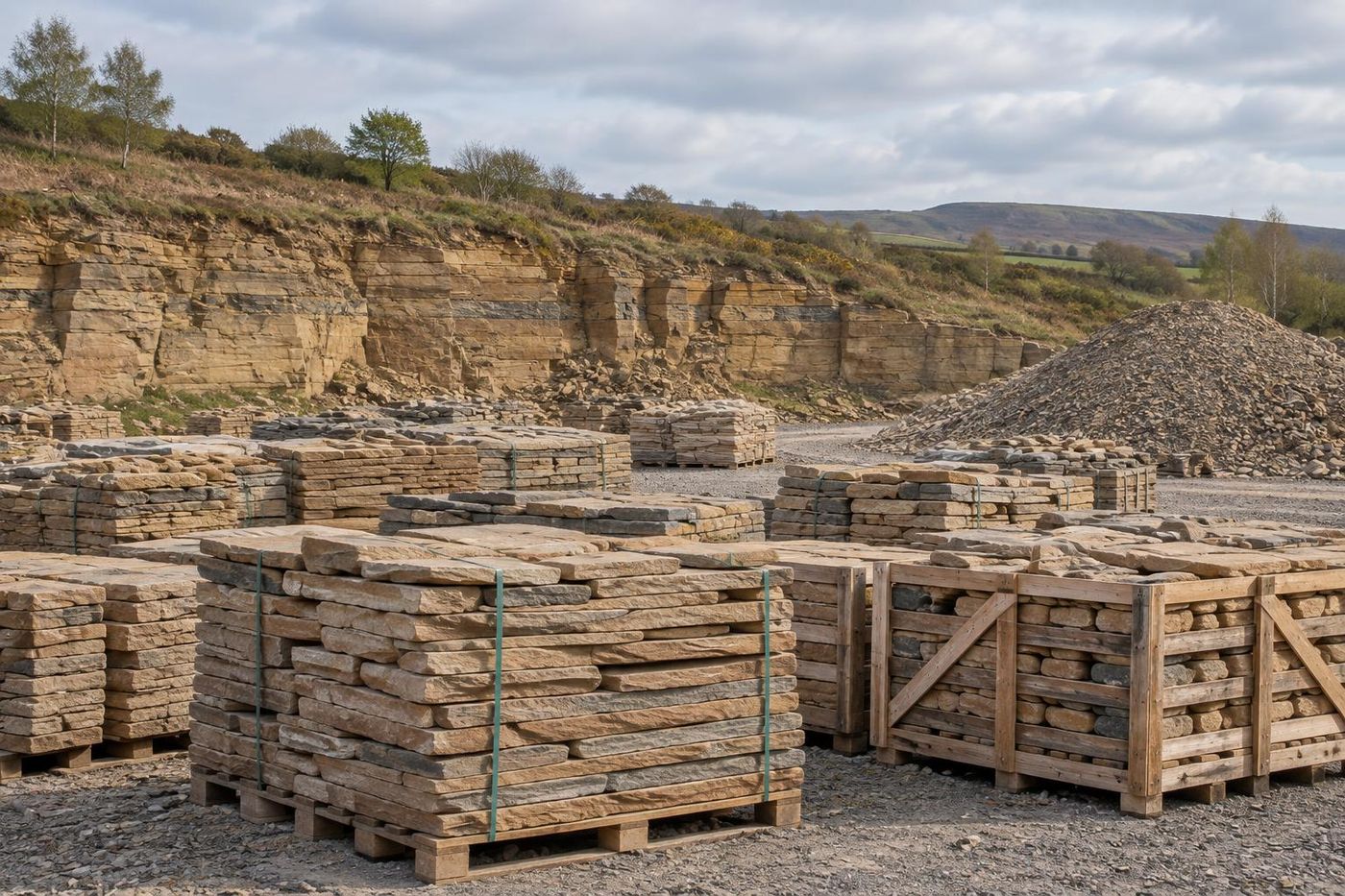 Timber crates and pallets stacked with buff sandstone walling stone on a quarry floor, pieces flat-bedded and hand-stacked, soft light.