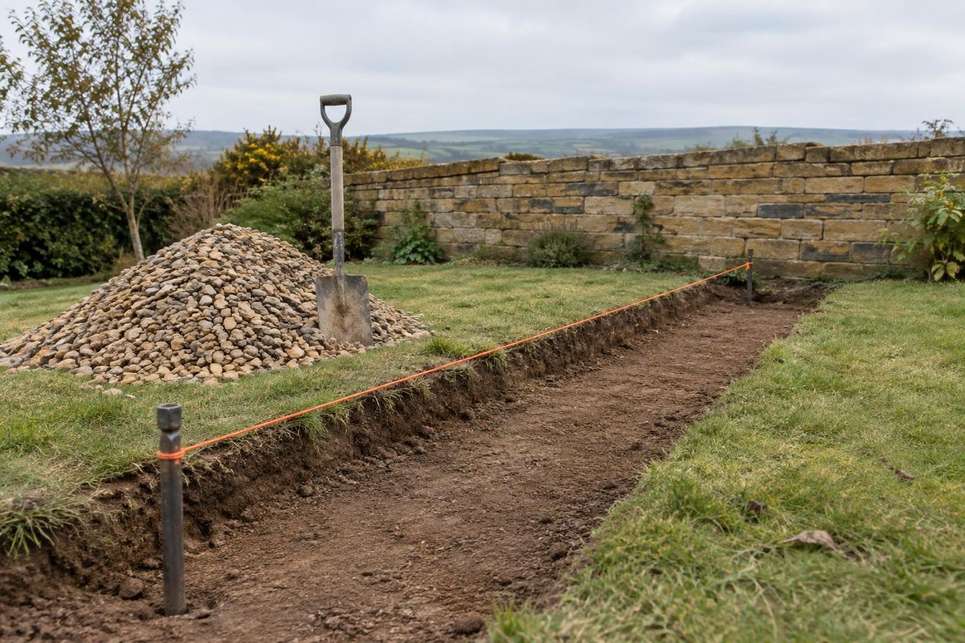 A builder's string line pinned between two steel pins over a freshly dug path trench in a garden, a small heap of sandstone sub-base beside it.