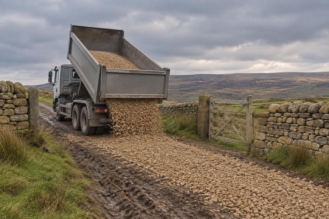 A plain grey tipper spreading sandstone scalpings at a muddy farm gateway, the same fell landscape.