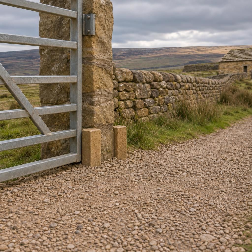 The finished rolled gateway surface with a slight crossfall and two buff sandstone edging blocks by the gate post.