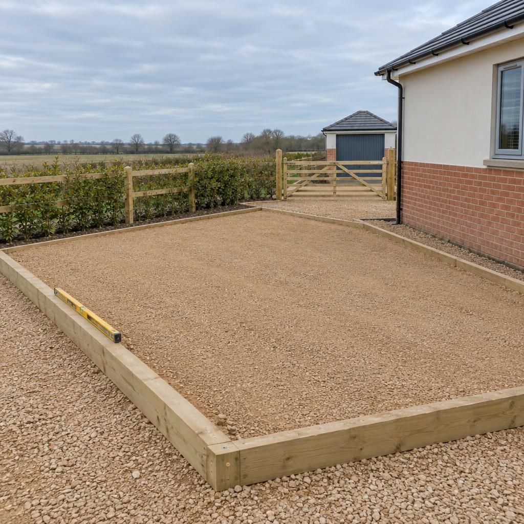 A levelled crushed sandstone garage base with timber edge boards beside the same bungalow.