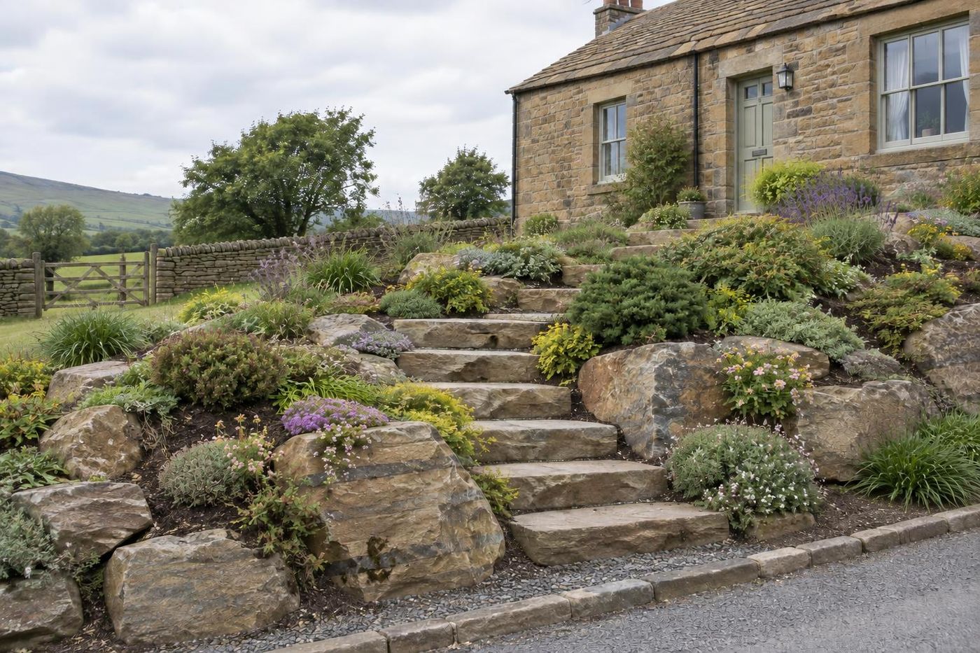 A sloping front garden below a sandstone cottage with a heavy buff-grey stone-slate roof, planted as a rockery of buff sandstone pieces with alpines and low shrubs, stone steps up the middle, summer.