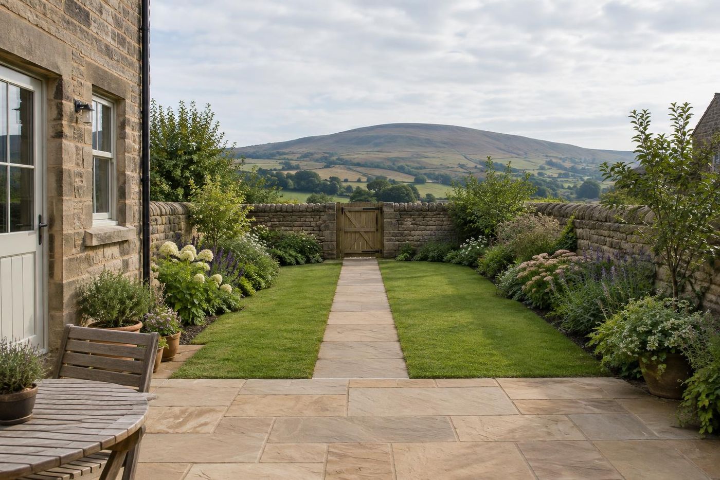 A small back garden behind a stone terrace with a new buff sandstone-flag patio and a path to a gate, planting either side, hills beyond the wall.