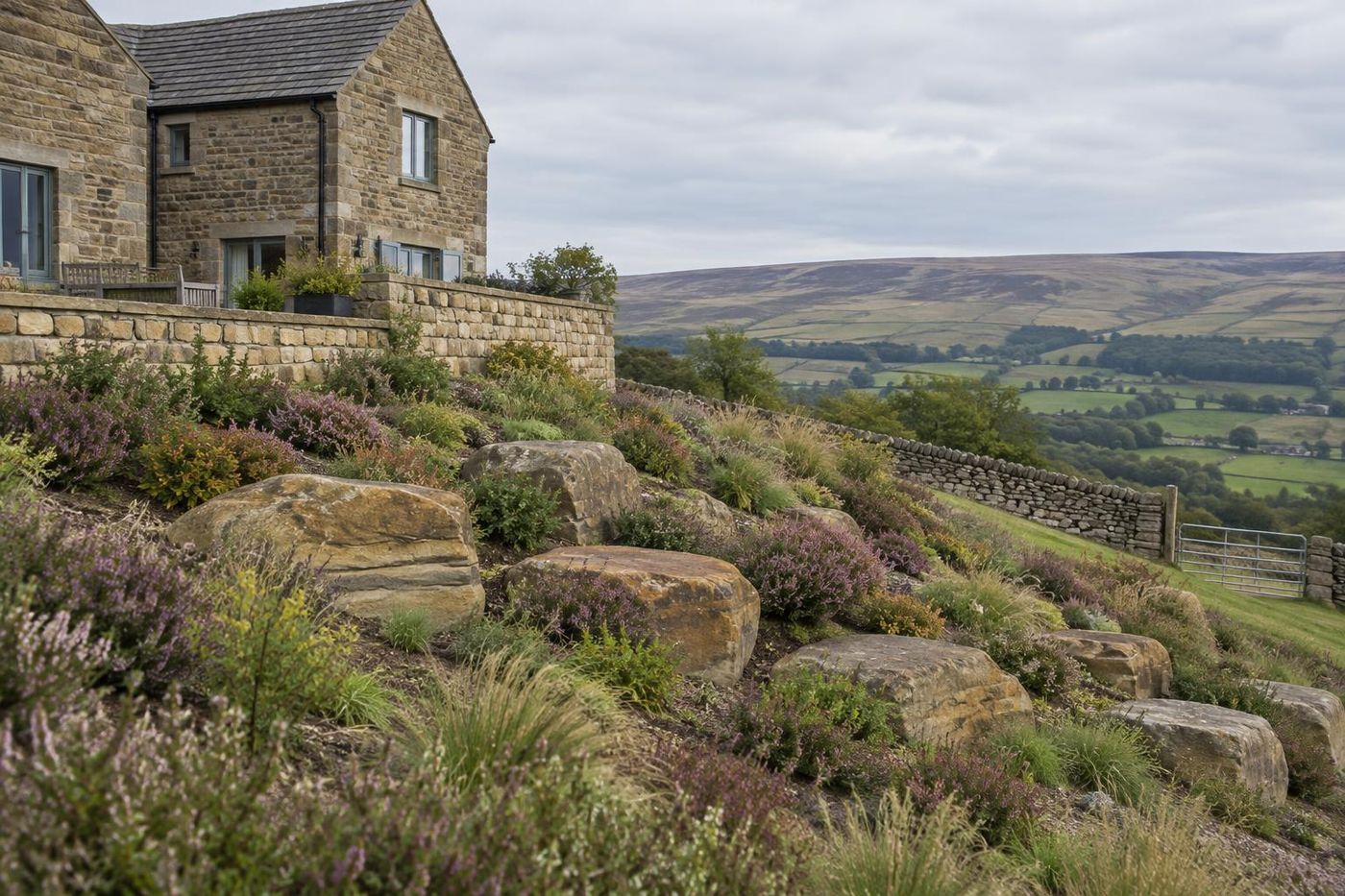 A steep garden bank below a stone house terrace set with a group of large buff sandstone boulders among heathers and grasses, moorland beyond.