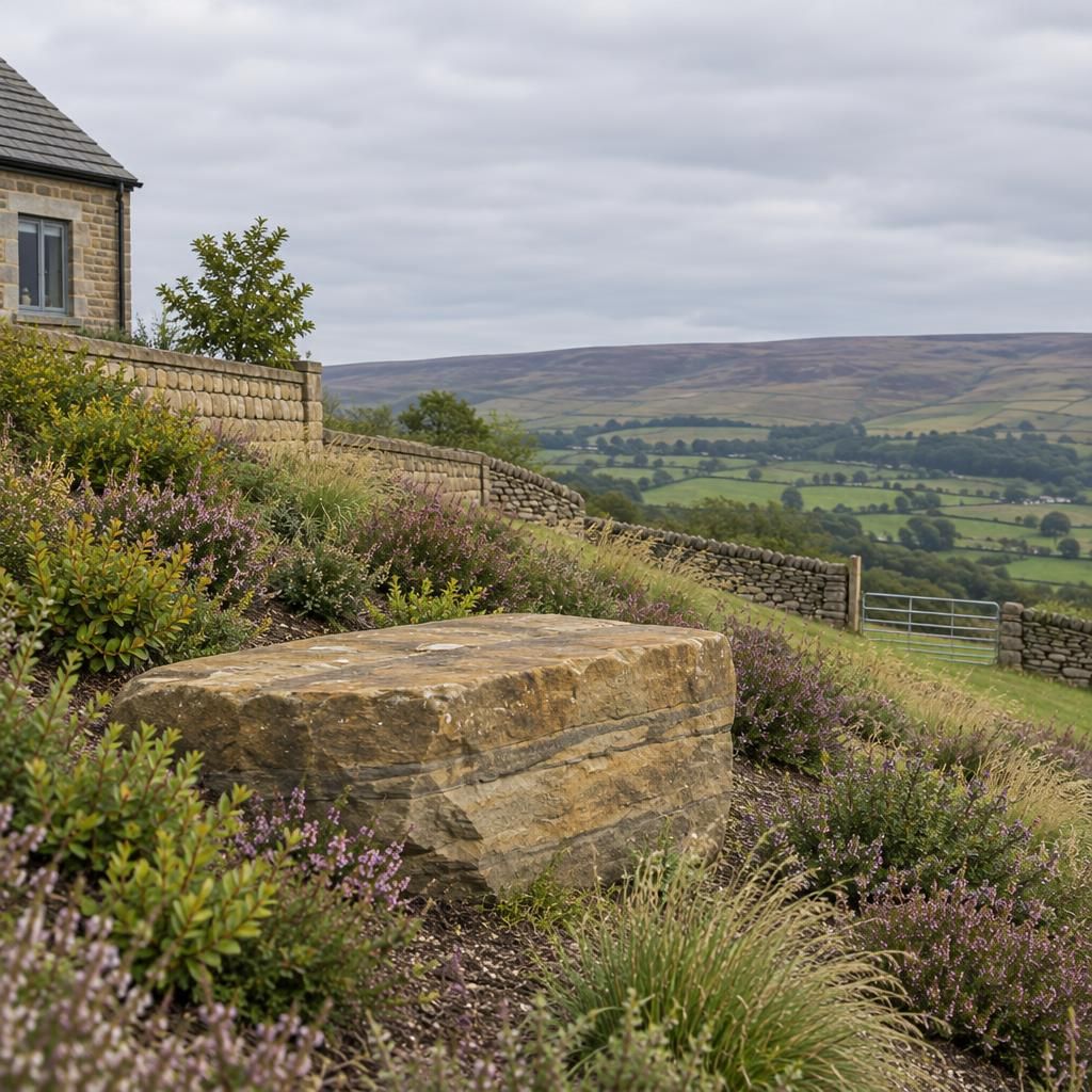 A flat-topped sandstone seat stone at the top of the same planted bank, view out to moorland.
