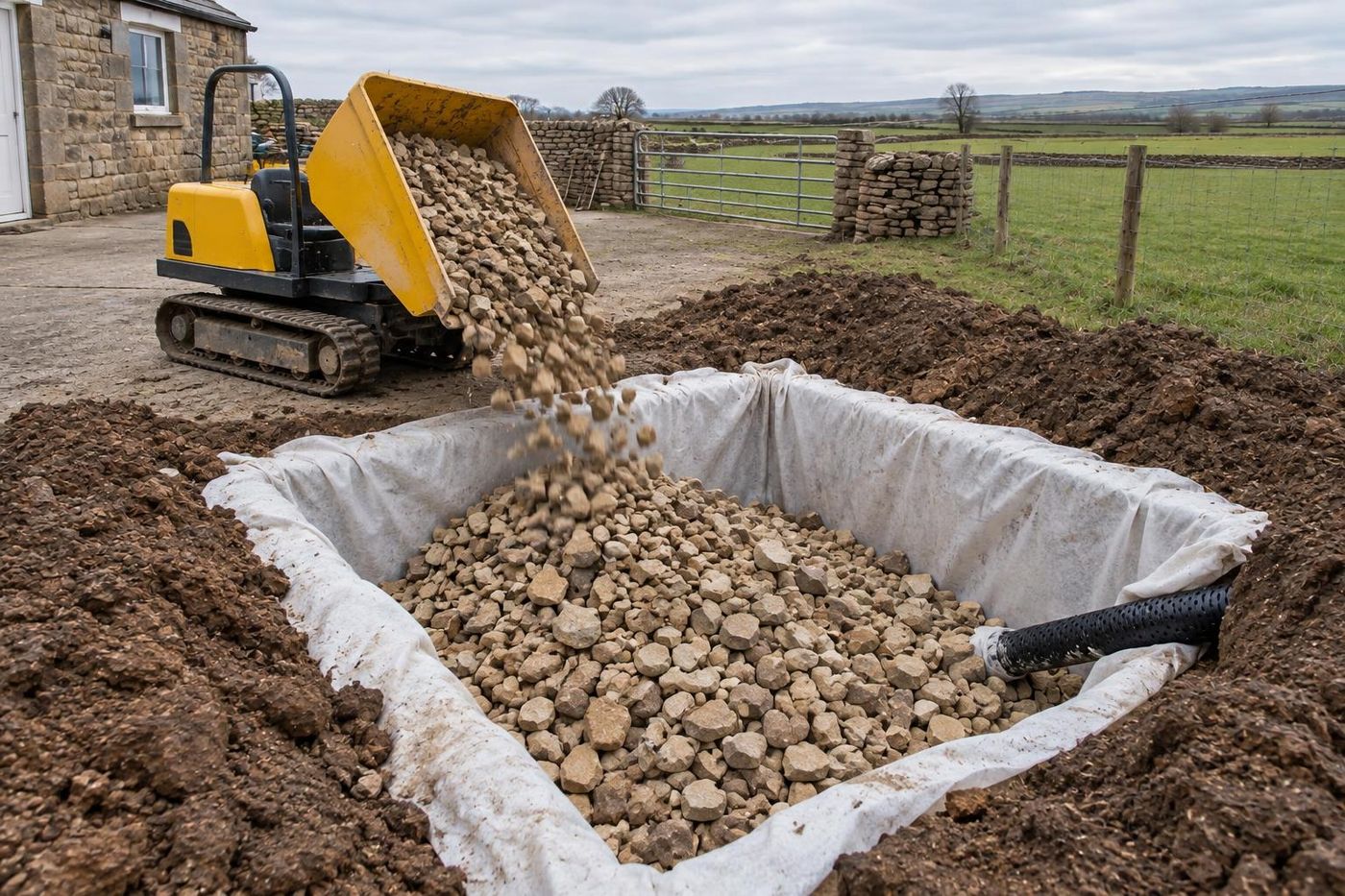 A square soakaway pit in the same paddock being filled with larger clean crushed sandstone.